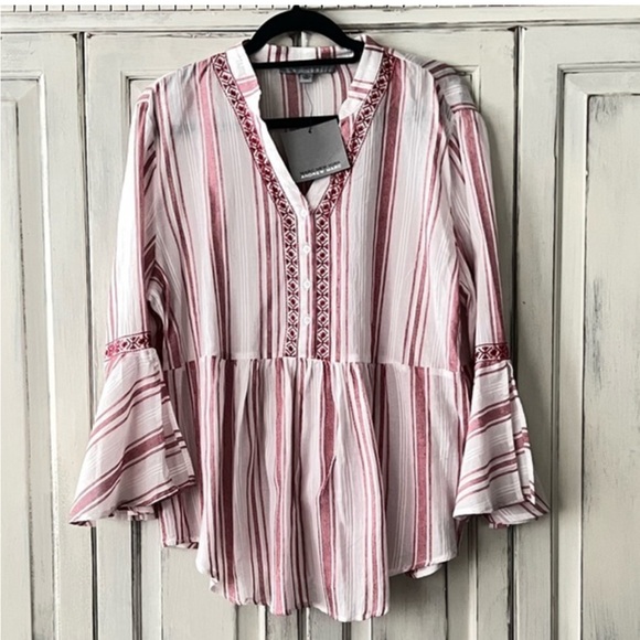 NWT MARC NEW YORK Striped Button Up 3/4 Sleeve Top in Red/White XL - Picture 1 of 5
